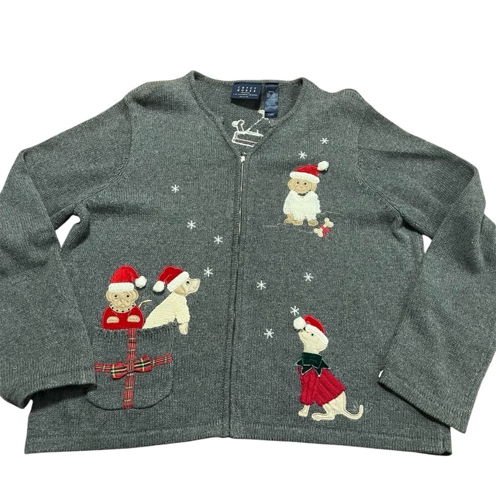 Festive Christmas Cardigan Embroidered Dogs Size XL Petite Winter Holiday Snow